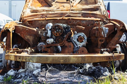 burnt engine in the car close-up. fire insurance concept. High quality photo