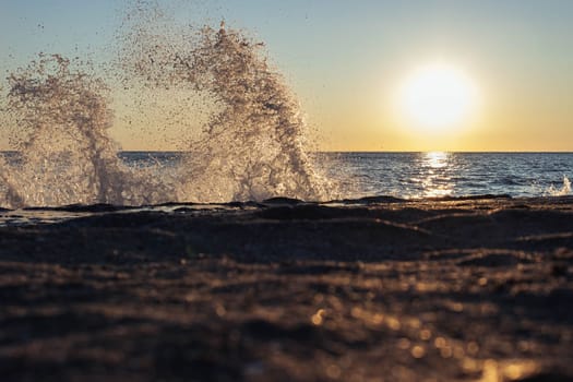 waves on the seashore at sunset, there is a place for an inscription, a beautiful background. High quality photo