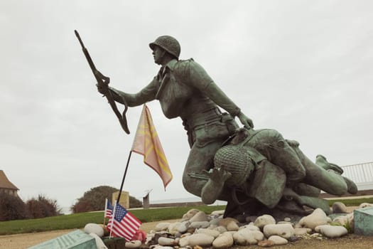 Monument of two soldiers, France, Normandy, Omaha beach, December 24, 2022. High quality photo