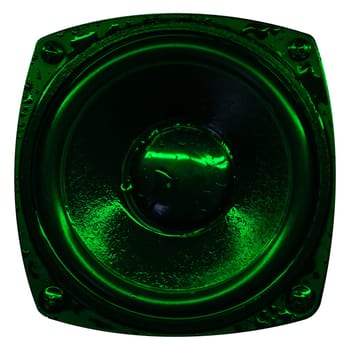 Cut-out front loudspeaker with smooth black color membrane with green light. High quality photo