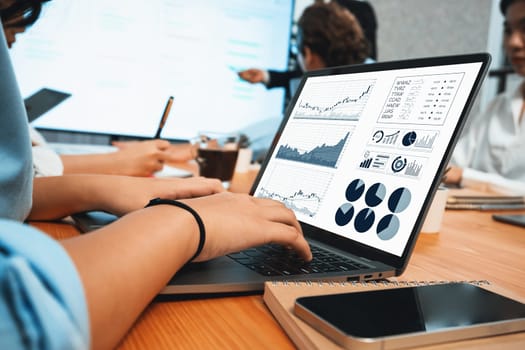 Financial data analysis dashboard by Fintech BI or business intelligence display on laptop screen to in-depth financial data analysis by business people working on business marketing. Habiliment