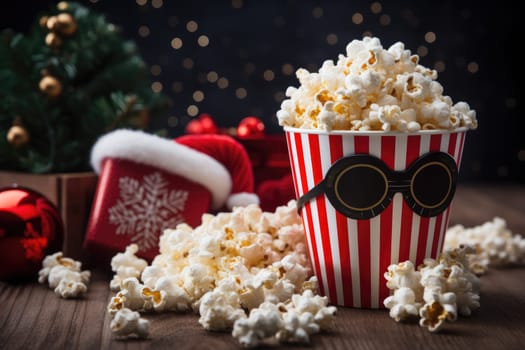 Popcorn for watching movies on video On the Christmas holiday. Generative AI.