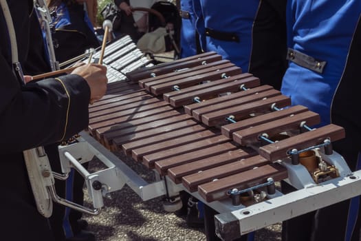 holiday in a European city, musicians play instruments, close-up. High quality photo