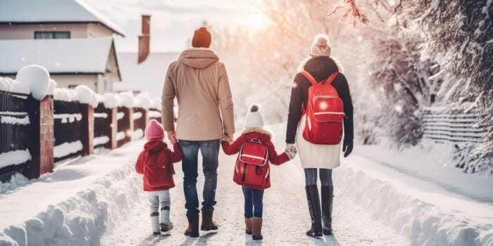 Happy family Father, mother and children are having fun and playing on snowy winter walk in nature. comeliness