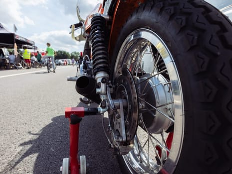 close-up of a wheel on a motorcycle rear view of the rear wheel. High quality photo