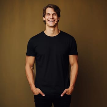 Happy man in black t-shirt posing with an open smile on yellow background, T-shirt mockup on male model, space for text. AI