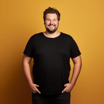 Happy man in black t-shirt posing with an open smile on yellow background, T-shirt mockup on male model, space for text. AI