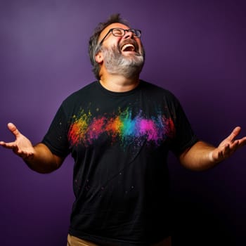 Fat pudge obese chubby overweight man in black t-shirt posing with open smile on purple studio background, plus size male model on basic clothes. AI