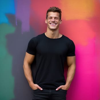 Muscular handsome man in black t-shirt posing with an open smile on colorful wall background, T-shirt mockup on male model, space for text. AI