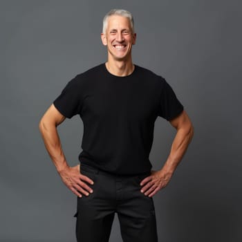 Adult man in black t-shirt posing with an open smile on grey background, T-shirt mockup on male model, space for text. AI