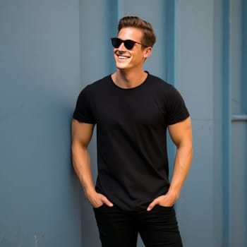 Handsome muscular man in black t-shirt posing with an open smile on blue background outdoors, T-shirt mockup on male model, space for text. AI