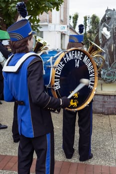 men play drums and different instruments holiday in a European city musicians play instruments, close-up. High quality photo