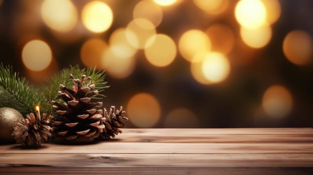 Merry Christmas and Happy New Year background with empty wooden table over Christmas tree and blurred light bokeh. Empty display for product placement. Rustic vintage Xmas 2024 background. comeliness