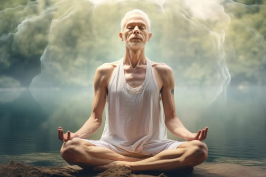 A man sitting cross-legged and practicing deep breathing exercises to relieve stress and improve mental health. He is surrounded by nature and is deeply focused on his breathing.