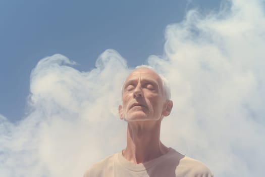 A man sitting calmly and practicing deep breathing and relaxation techniques to alleviate stress, promote mental well-being, and create a tranquil atmosphere.