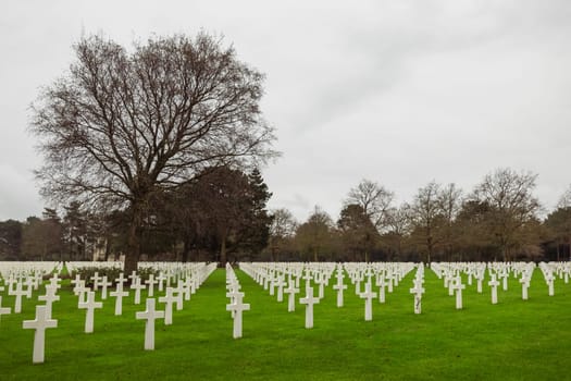 Cemetery of fallen American soldiers who died in the war. France, Normandy, Omaha Beach, December 24, 2022. High quality photo