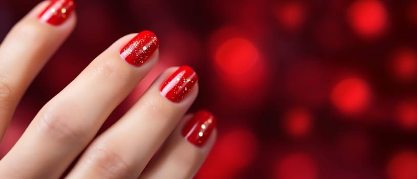 Banner Closeup Female Hands with Red Nails, Manicure Design for Christmas Or St Valentine's Day. Copy Space for Text. Beautiful Nail Polish for New Year Eve on Red Sparkling Background. AI Generated.