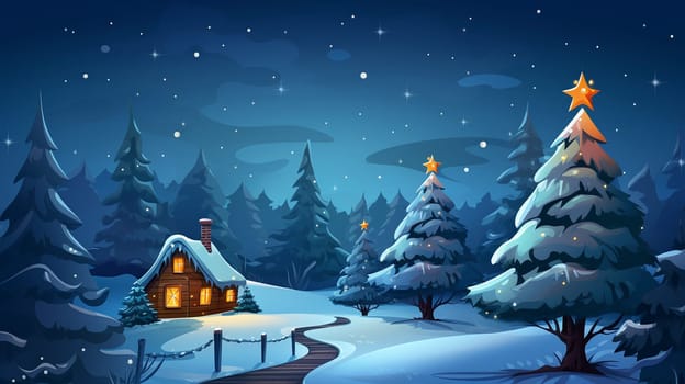 In the wintry night, a quaint log cabin is lit up like a beacon, surrounded by snow-covered firs - AI Generative