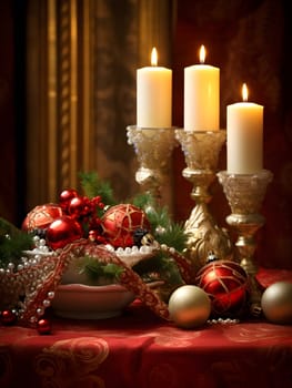 A festive holiday table setting, with sparkling candles and red ornaments. The lighting is warm and inviting, and the objects on the table are arranged with an artistic flair - AI Generative