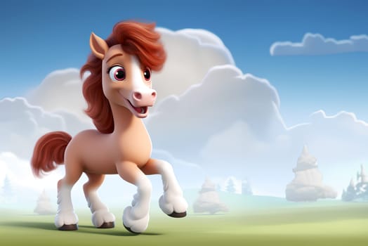 A playful cartoon horse gallops freely through the vibrant green grass under a brilliant blue sky, its animated movements capturing the untamed spirit of this majestic mammal - generative AI