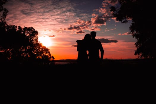 silhouette of a couple in love at sunset against the backdrop of nature, there is a place for the inscription, the guy is holding the girl , a happy couple silhouette. High quality photo