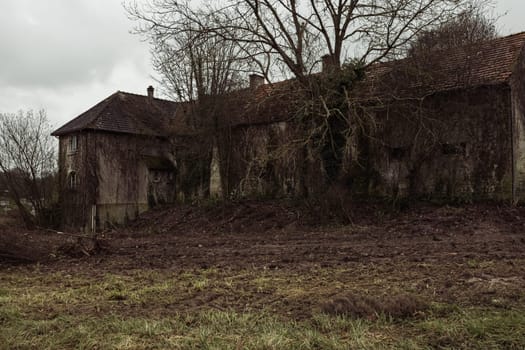 An old abandoned house stands in the grass all over, home insurance. High quality photo