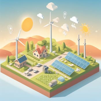 info graphic isometric depicting a set of clean energyy generation icons and situation for better future ai art