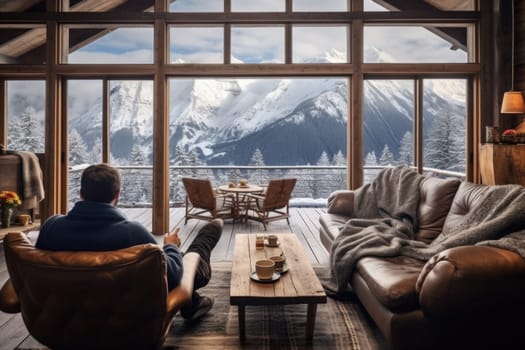 Traveler enjoying weekends inside contemporary barn house in the mountains. Happy tourist looking through panoramic windows in new cottage. comeliness