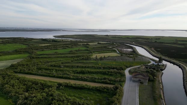 Aerial view of the cultivated fields of the estuary in Murtosa, Aveiro - Portugal.