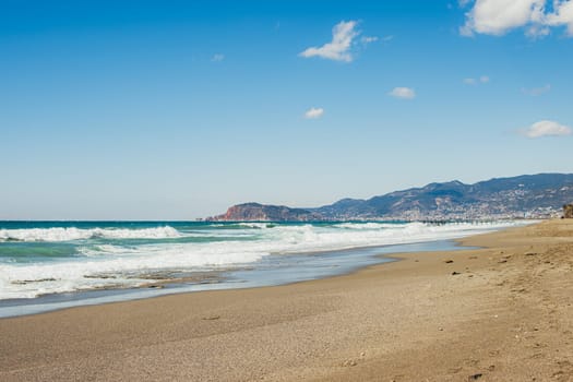 beautiful beach with sea and mountain view. High quality photo
