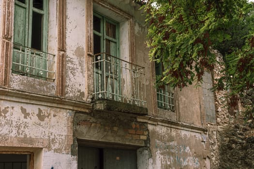 Old abandoned house,no windows, abandoned building near the road. High quality photo