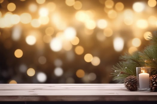 Merry Christmas and Happy New Year background with empty wooden table over Christmas tree and blurred light bokeh. Empty display for product placement. Rustic vintage Xmas 2024 background. comeliness