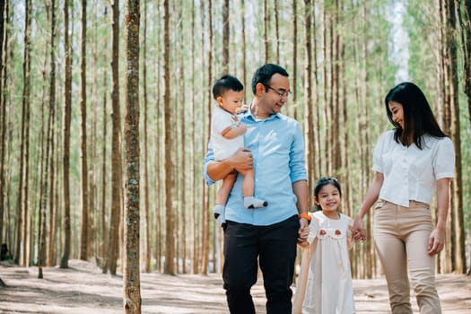 A father and his daughter walking through a beautiful forest, enjoying the togetherness and the stunning views, Happy family day