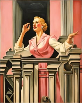 Figure of a woman like Evita Peron, short hairstyle, blond, thin, energetic, art deco style, speaking pitching poor people rights shouting crowd from pink house terrace, Buenos Aires, Argentina