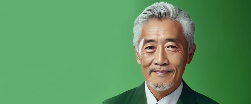 Elegant smiling elderly Asian man with gray hair, on a light green background, banner, copy space, portrait. Advertising of cosmetic products, spa treatments, shampoos and hair care products, dentistry and medicine, perfumes and cosmetology for men