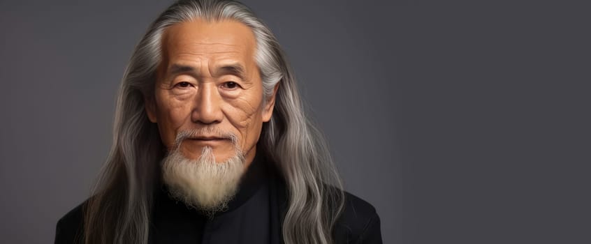 Portrait of an elderly handsome Asian senior man old with gray long hair, on a silver background, banner. Advertising of cosmetic products, spa treatments, shampoos and hair care products, dentistry and medicine, perfumes and cosmetology for men