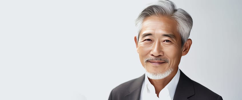 Elegant smiling elderly Asian man with gray hair, on a white background, banner, copy space, portrait. Advertising of cosmetic products, spa treatments, shampoos and hair care products, dentistry and medicine, perfumes and cosmetology for men