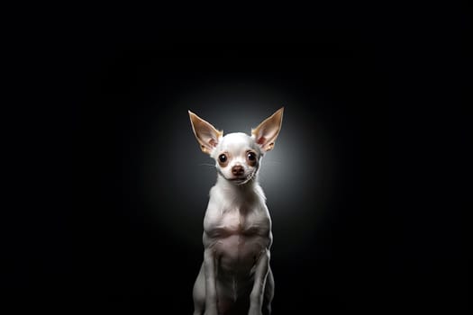 Portrait of a white chihuahua on a dark neutral background, cropped photo, studio light. Ai generative art