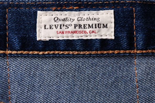 Close up of the details of new LEVI'S 501 Jeans. label and patch LEVI'S. Classic jeans model. LEVI'S is a brand name of Levi Strauss and Co, founded in 1853. 31.12.2021, Rostov, Russia.