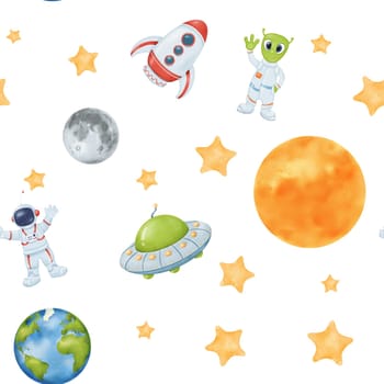 seamless watercolor pattern. starry sky. yellow stars, Earth, a whimsical astronaut an alien UFO, rocket, moon, and sun. for wallpapers children's rooms textiles baby clothes and textbook.