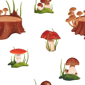 Seamless woodland pattern. Forest glade. a mushroom picker's dream. Edible penny bun and delicious porcini mushrooms. Dangerous and poisonous fly agaric. Autumnal watercolor illustration.