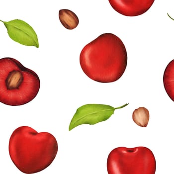 Seamless watercolor pattern with luscious, vibrant cherries. Ideal for kitchen decor, recipes, textiles, jam labels, aprons, packaging, juices, cherry sweets, and gum wrappers.