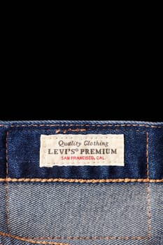 Close up of the details of new LEVI'S 501 Jeans. label and patch LEVI'S. Classic jeans model. LEVI'S is a brand name of Levi Strauss and Co, founded in 1853. 31.12.2021, Rostov, Russia.