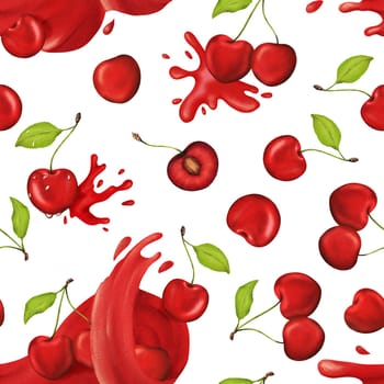 Vibrant, juicy cherries in a seamless watercolor pattern. Ideal for kitchen decor, recipes, textiles, jam labels, aprons, packaging, juices, cherry sweets, and gum.
