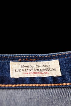 Close up of the details of new LEVI'S 501 Jeans. label and patch LEVI'S. Classic jeans model. LEVI'S is a brand name of Levi Strauss and Co, founded in 1853. 31.12.2021, Rostov, Russia.
