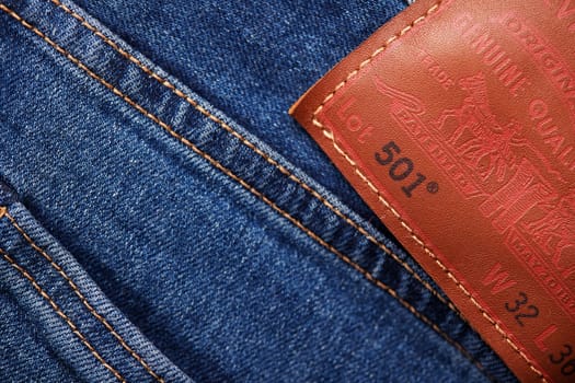Close up of the details of new LEVI'S 501 Jeans. label and patch LEVI'S. Classic jeans model. LEVI'S is a brand name of Levi Strauss and Co, founded in 1853. 31.12.2021, Rostov, Russia.