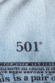 Close up of the details of new LEVI'S 501 Jeans on the inside. label and stamp LEVI'S. Classic jeans model Levi Strauss on the underside of the textile. 31.12.2021, Rostov, Russia.