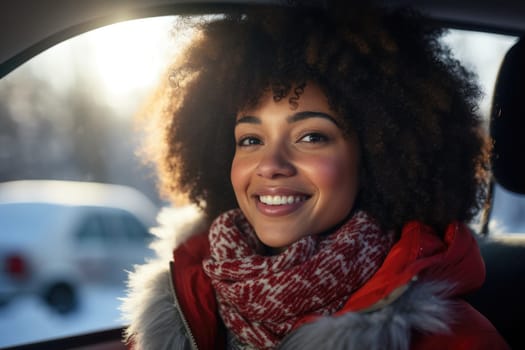 Smiling American African woman and friend driving car on the way to travel on winter season. generative ai.