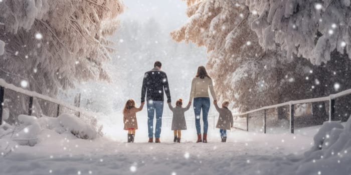 Happy family Father, mother and children are having fun and playing on snowy winter walk in nature. comeliness