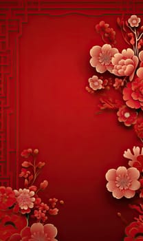 Flowers on red background. Copy space. Mockup for Chinese New Year.